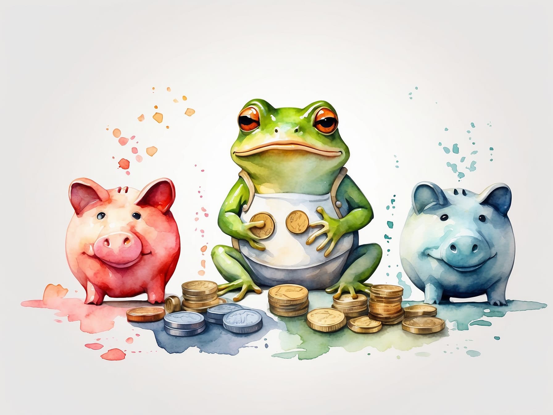 Ein Sparfrosch der Münzen auf zwei Sparschweine aufteilt