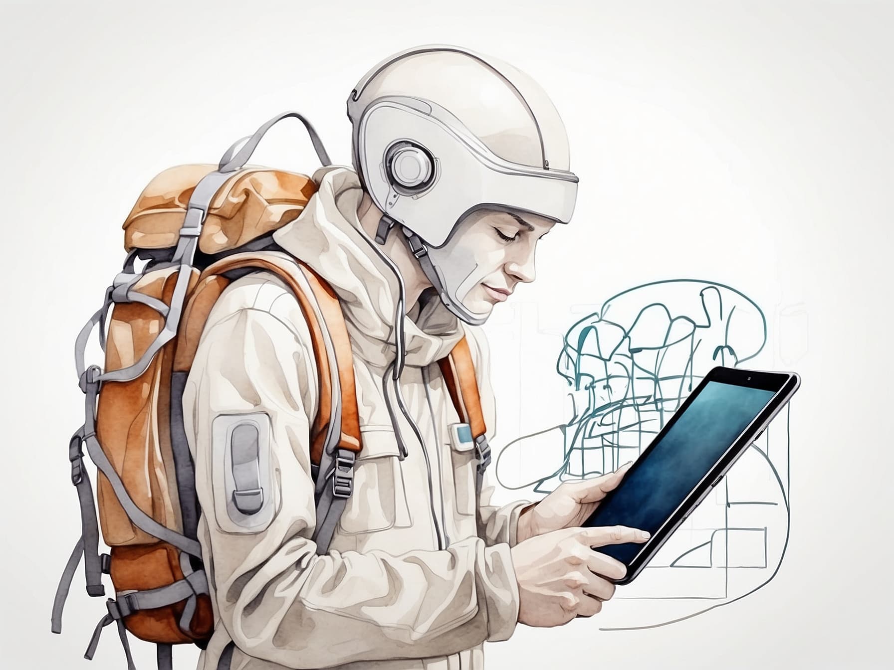 Ein Entwickler mit Rucksack und Tablet in der Hand