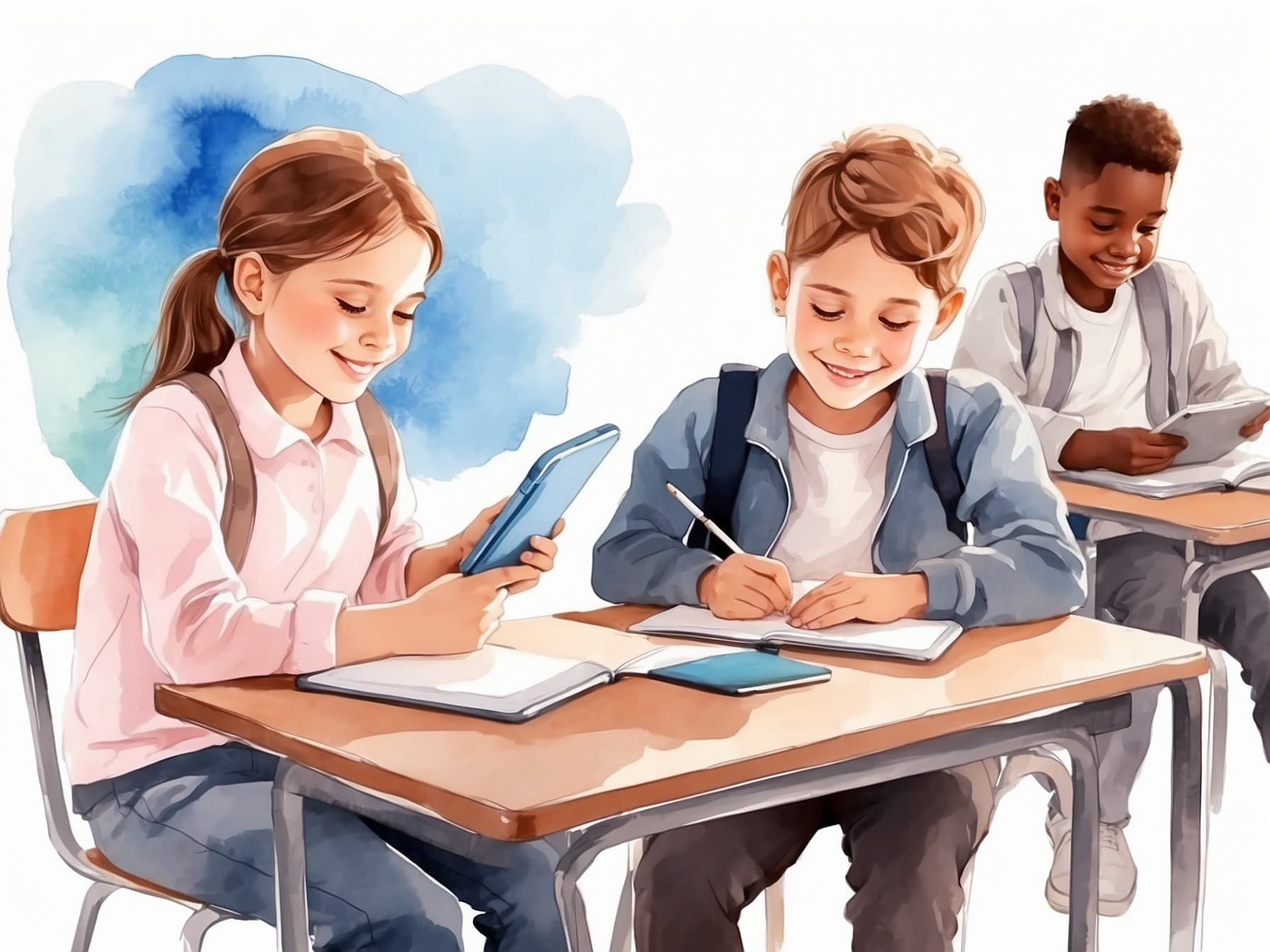 Schüler machen gemeinsam Aufgaben am Tablet