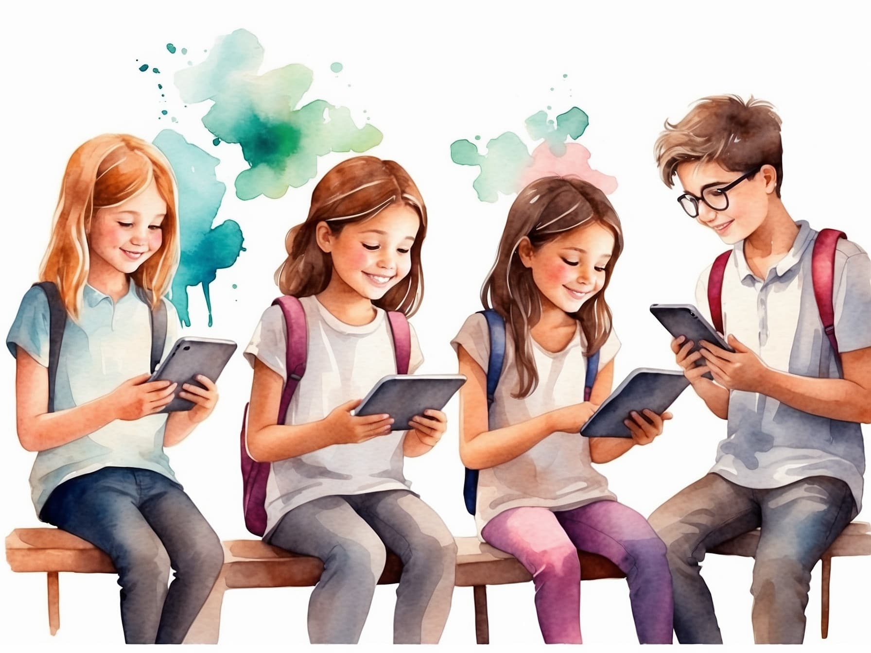 Vier Schüler lösen Aufgaben mit Spiel und Spaß am Tablet