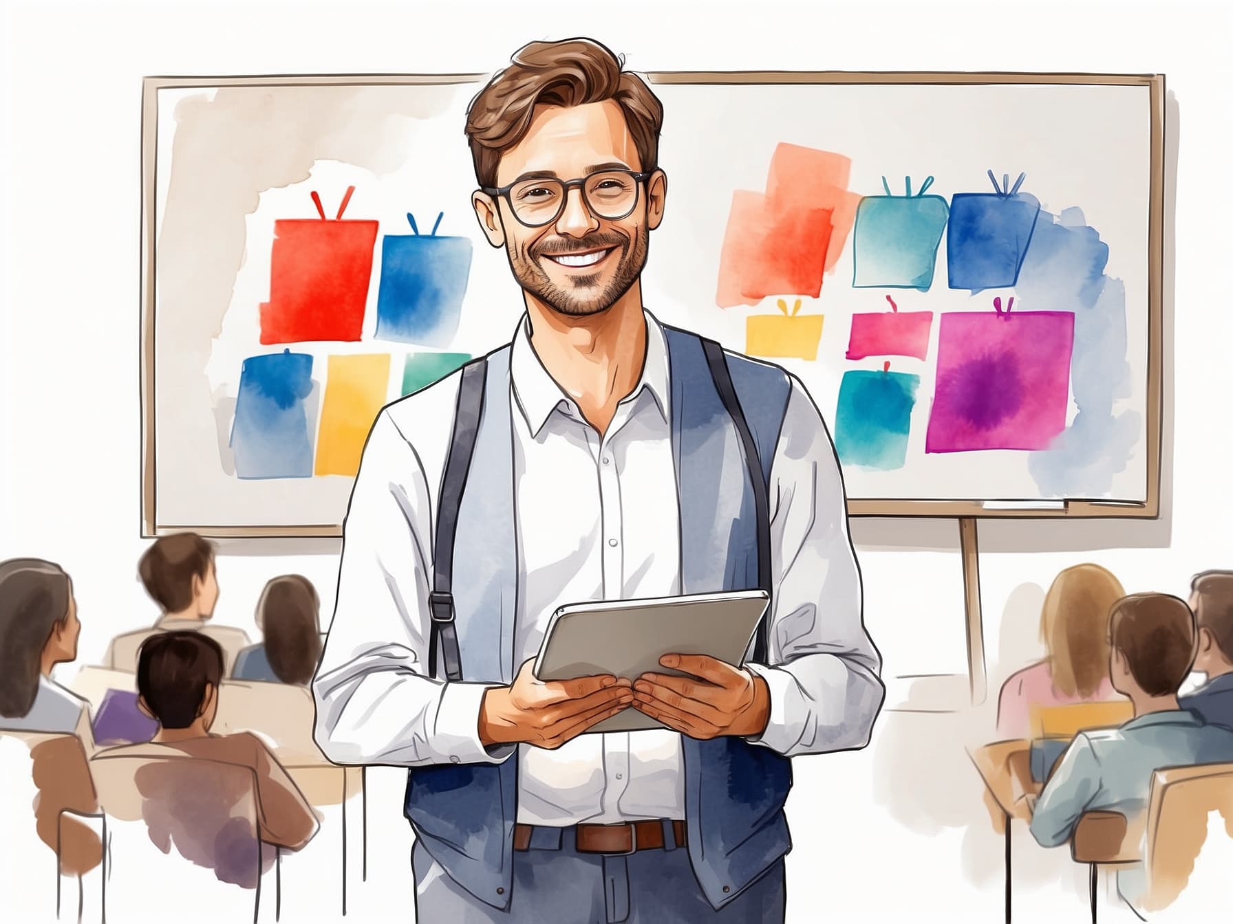 Der Lehrer nutzt zur Lehrstoffplanung sein Tablet