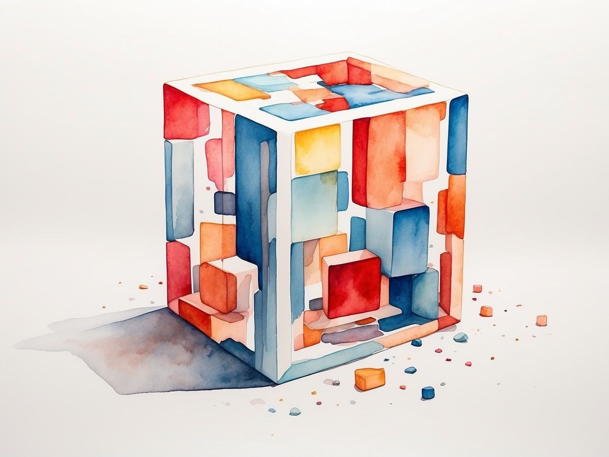 Aquarell-Kunst eines Würfels aus vielen Zweien in Pastelltönen