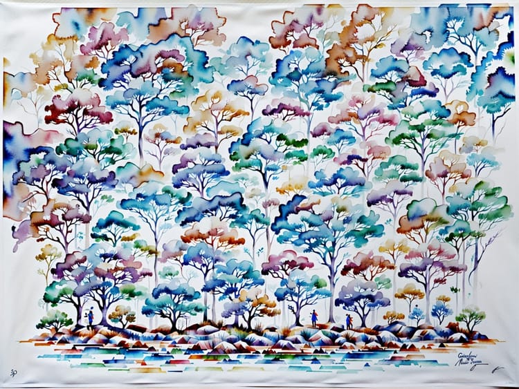 Ein bunter Wald besucht von Menschen
