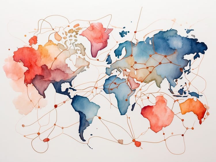 Aquarell-Weltkarte mit Linien, die globale Konnektivität darstellen