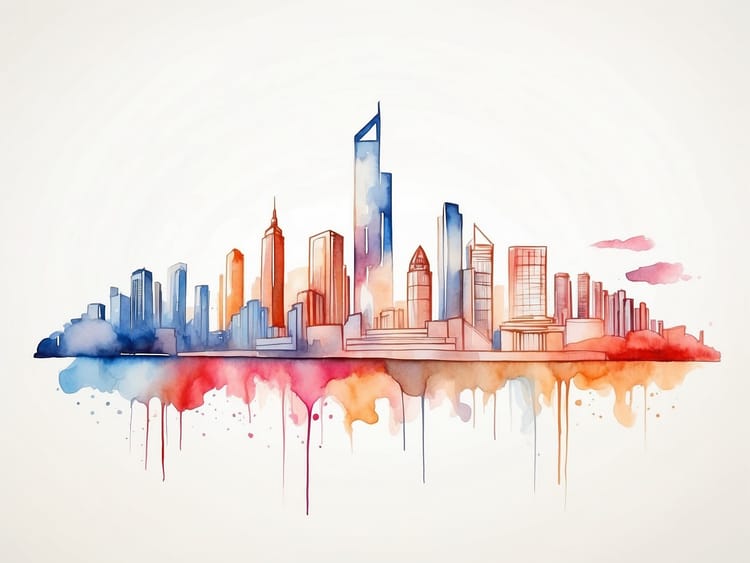 Aquarellillustration großer Unternehmen als Hochhäuser in einer Skyline