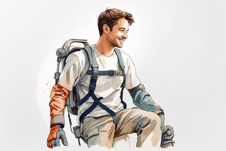 Ein erleichtereter Arbeiter trägt einen unterstützenden Exoskelett-Rucksack