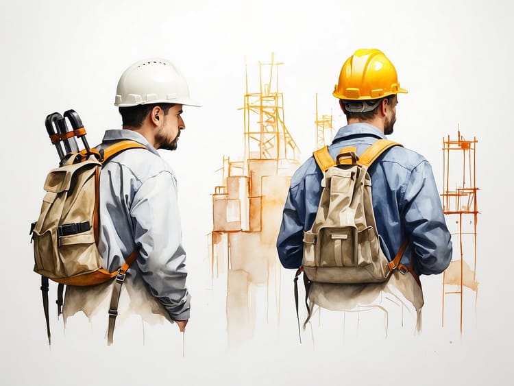 Zwei Handwerker blicken auf die Baustelle