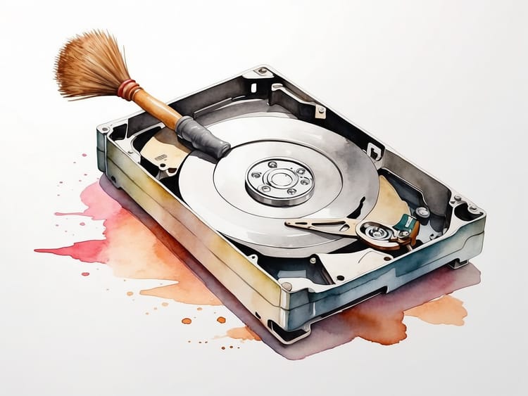Eine Festplatte mit Pinsel, zur versinnbildlichung von "Datenbereinigung"