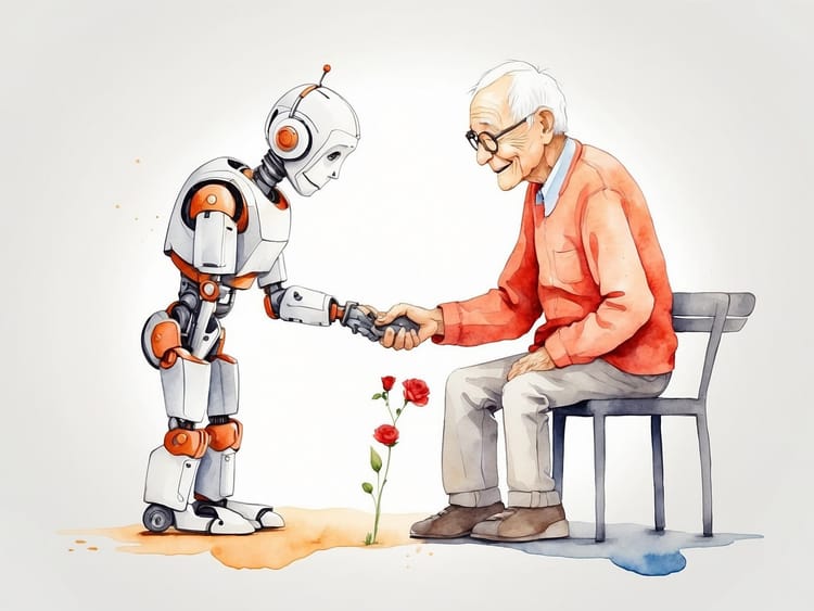 Ein Roboter hilft einem Senioren beim Aufstehen