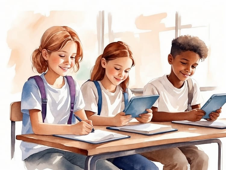Schüler im Klassenzimmer mit Tablets für den Schulalltag