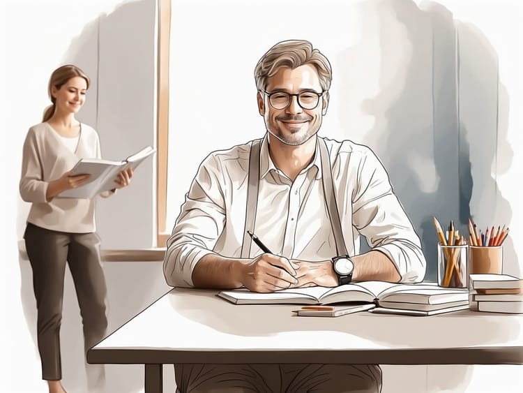 Ein Lehrer am Pult, hinter Ihm eine Schülerin