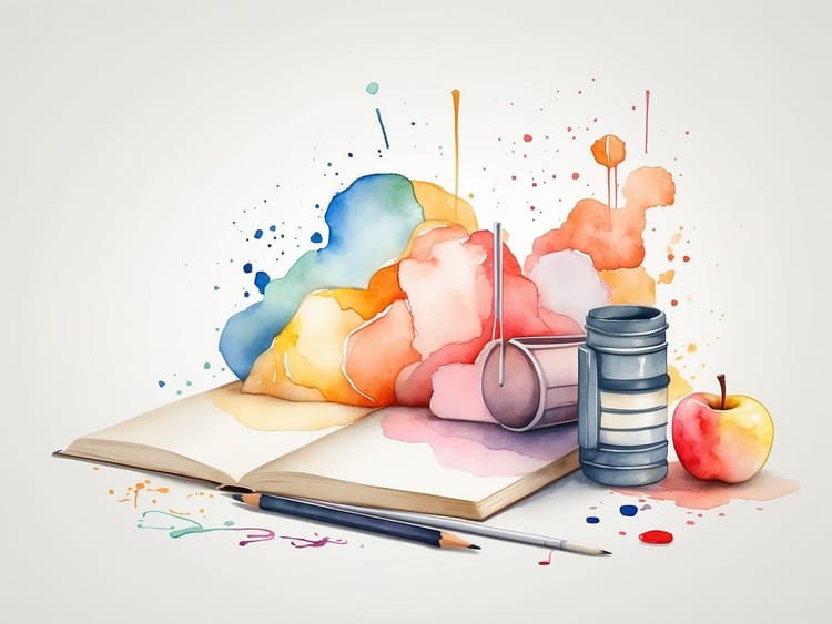 Ein aufgeklapptes Schulbuch mit Stiften