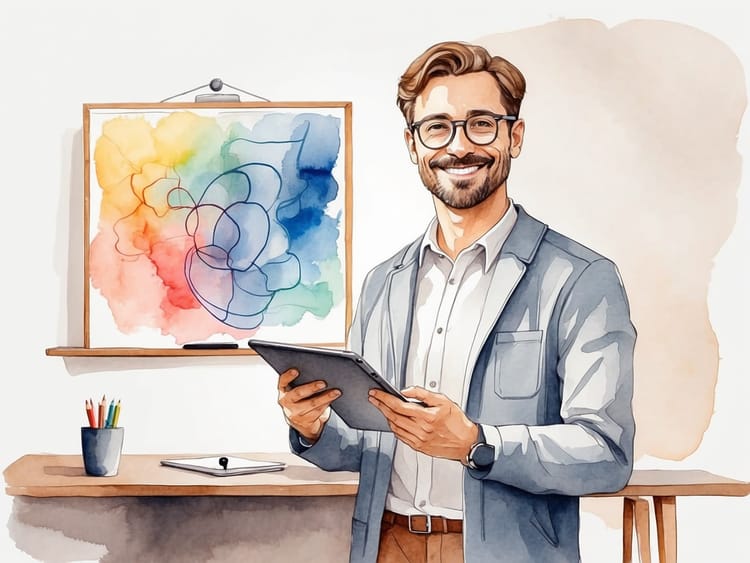Ein Lehrer blickt auf sein Tablet