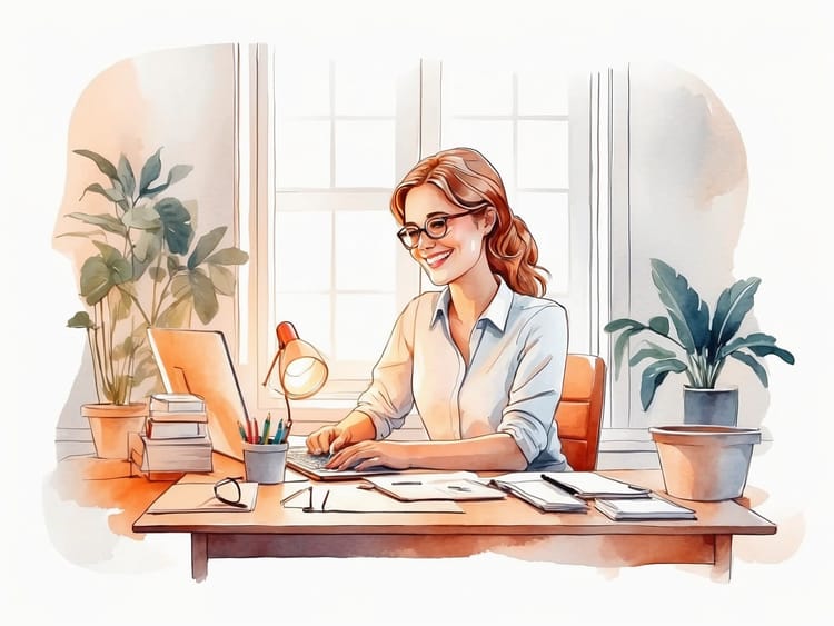Eine Kollegen im Homeoffice unterstützt von KI